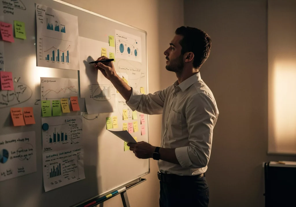planejamento estratégico, tático e operacional no RH Profissional analisando dados em painel estratégico com post-its e gráficos diversos.